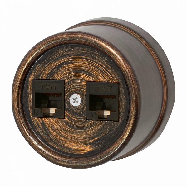 Розетка компьютерная 2-ая RJ45 Cat.5e (UTP), (Пластик, Бронзовый век), Bironi